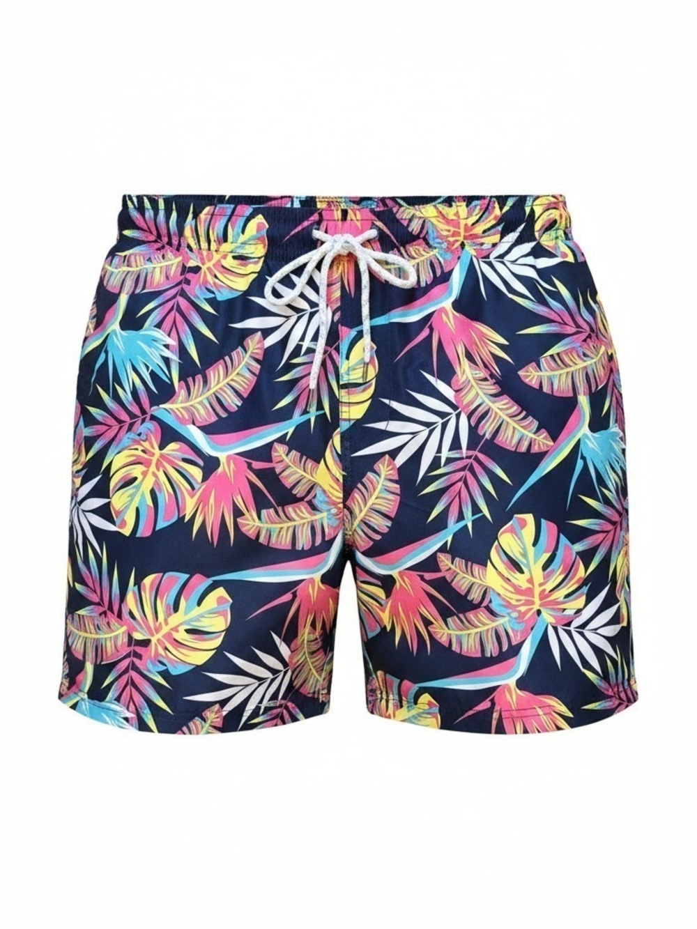 Original Use Navy Tropical Print Swim Trunks with Multicolor Leaf Pattern